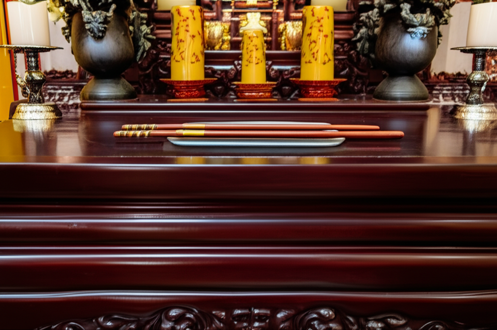 Bàn thờ gia tiên với vật phẩm gỗ mun