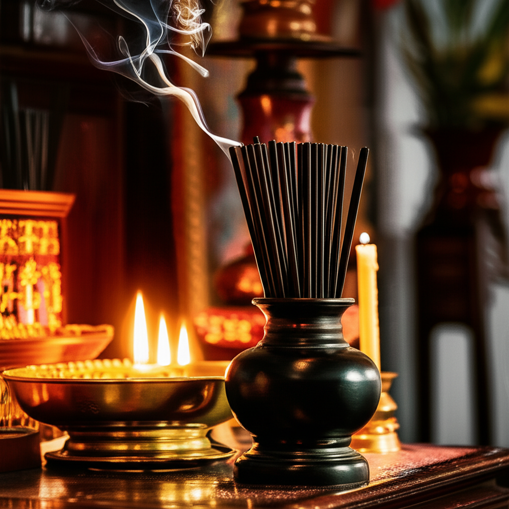 Bàn thờ gia tiên với ống cắm đũa mun sừng
